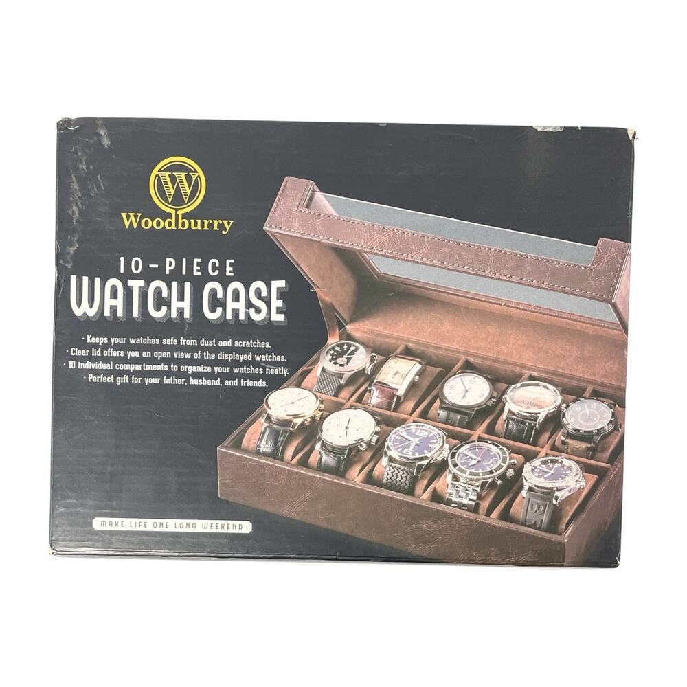 New Woodbury 10 Piece Watch Case Brown Leather Luxury Look 10”X8”